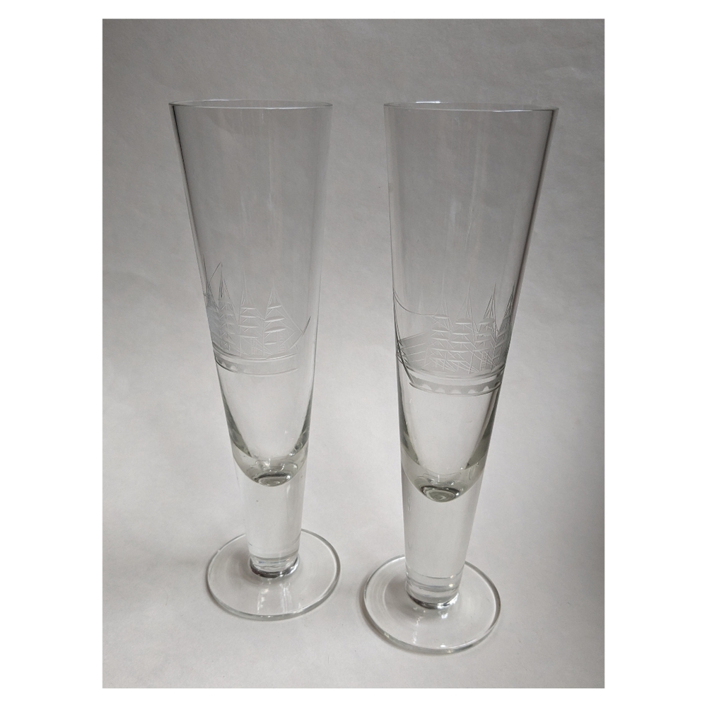 Vintage Toscany Schooner hand blown etched pilsner glasses approx 14 oz